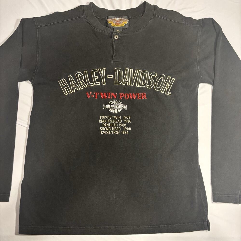 Harley-Davidson V-Twin Power Embroidered Long Sleeve Henley Shirt XS Black